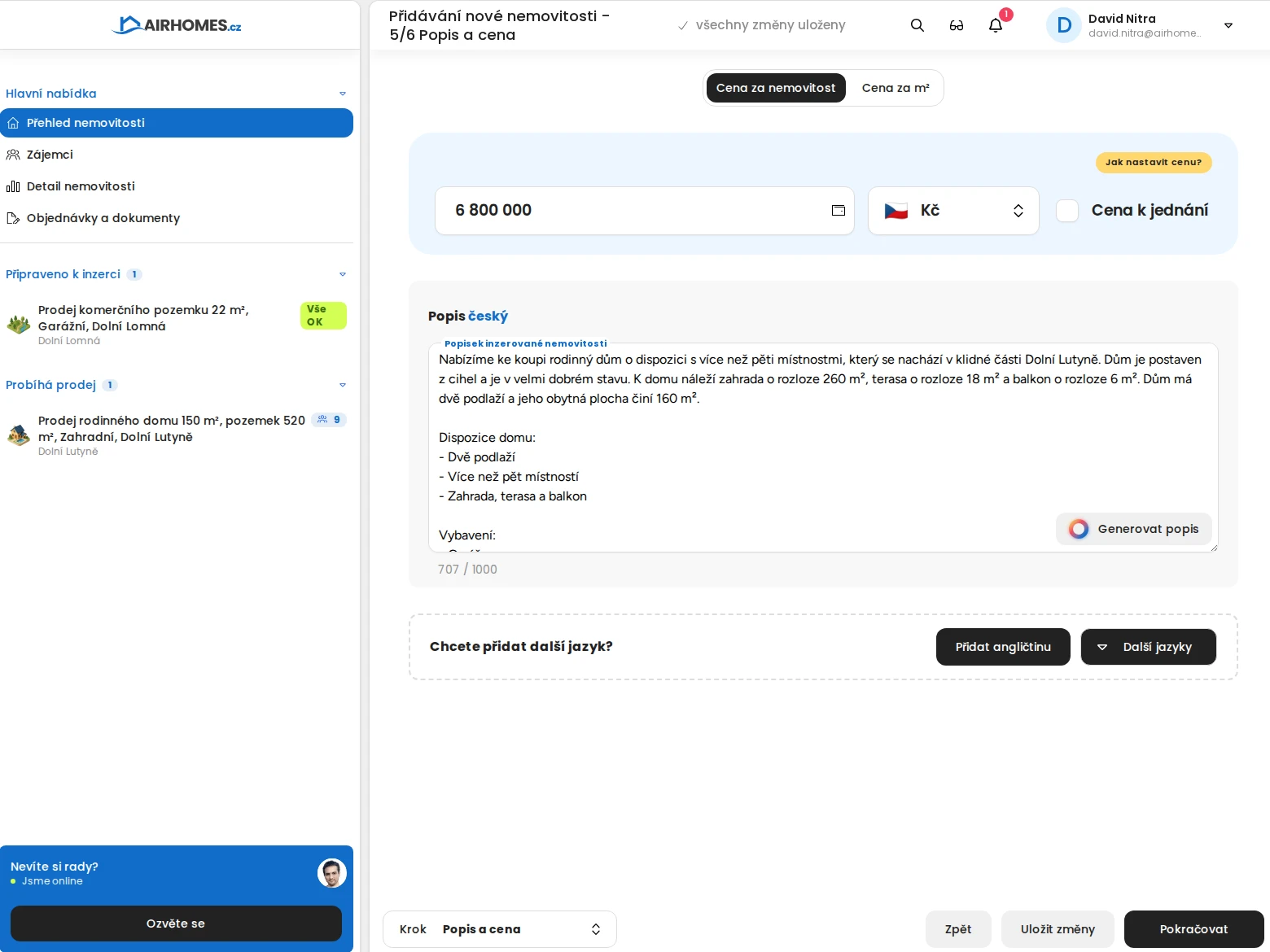 Listing description and price